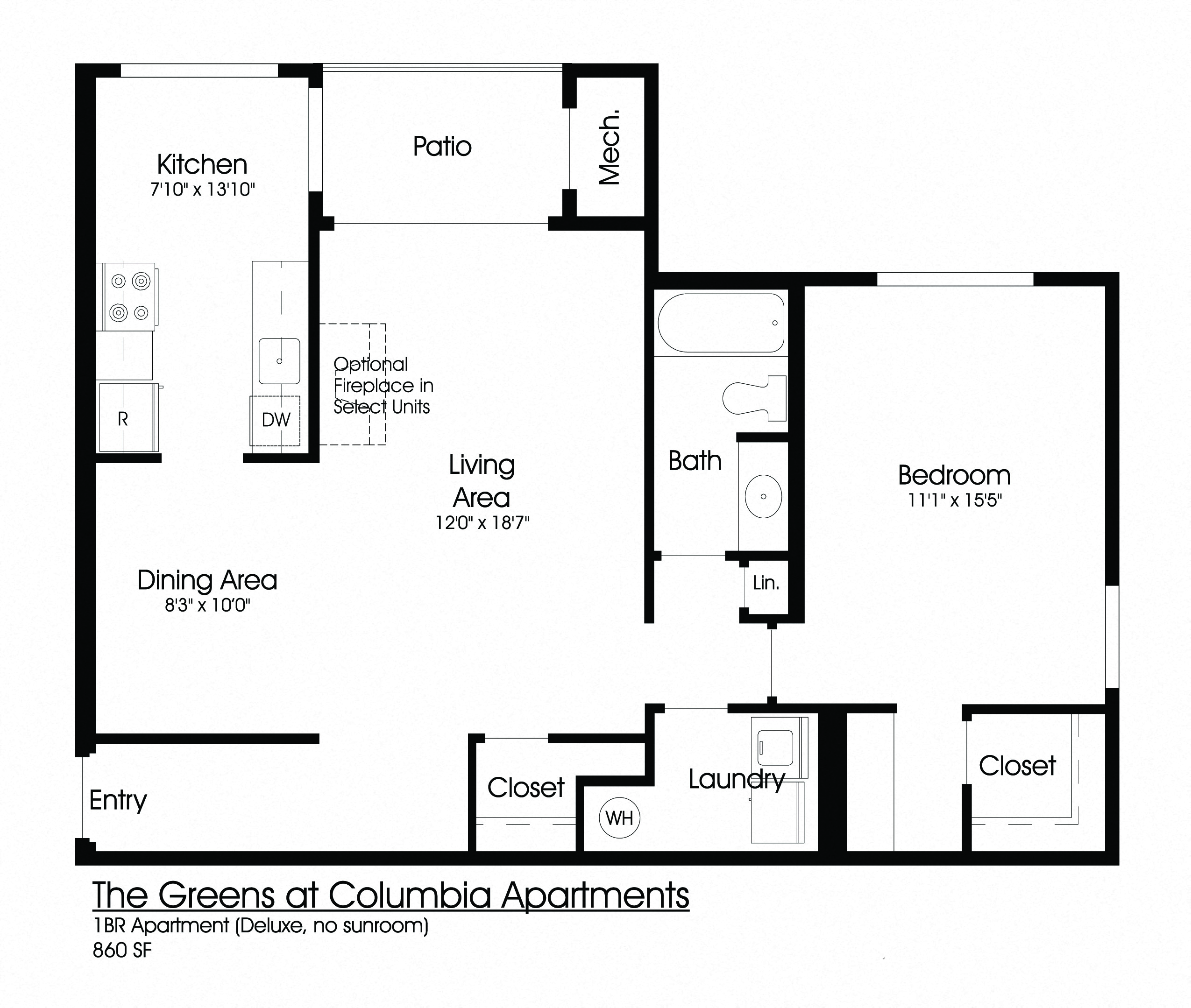 Floor plan for 1 bed, 1 bath, 860 sqft